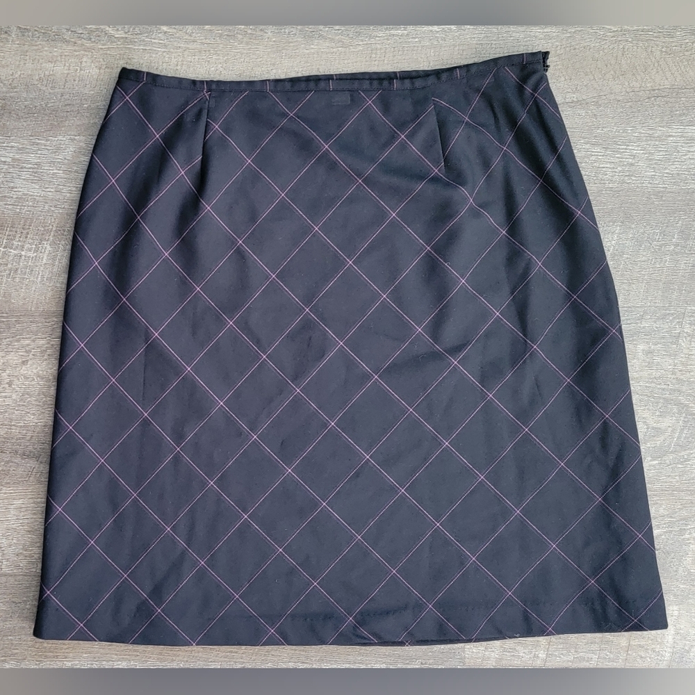 Vintage Y2K Midi Skirt Women's 16P Black w/ Pink & Purple Pin Stripe Plaid Lined - Picture 2 of 10